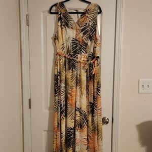 Lane Bryant sleeveless faux wrap dress with palm print orange green  18